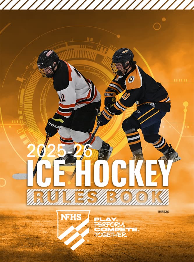 Two ice hockey players in action on the cover of the 2025-26 NFHS Ice Hockey Rules Book with a digital background.